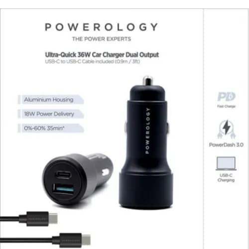 Powerology 36W Car Charger Pd And Qc3,0 With Usb-C To Usb-C Cable Black Pqcpdcccbk