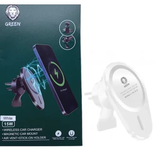 Green Wireless Magnetic Car Charger Mount 15W White Color - Gnwcm15W