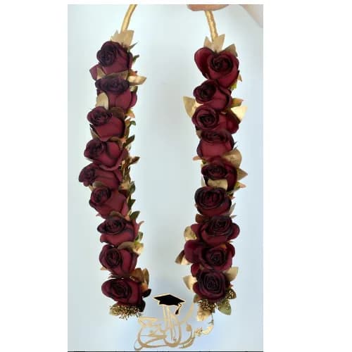 Necklace with rose red, gold leaves