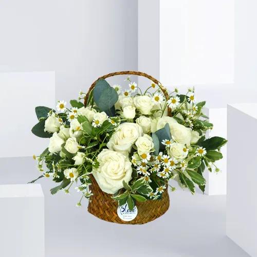 White Blooms In A Round Basket - 2050