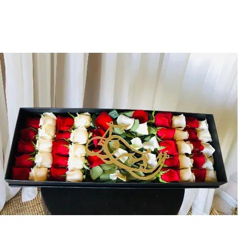 Rectangle box  with white and red rose and name