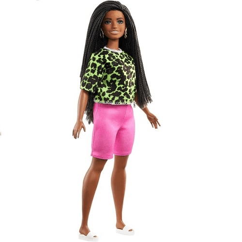 Mattel - Barbie Fashionista, With Long Brunette Braids Wearing Neon Green Animal-Print Top, Pink Shorts And White Sandals