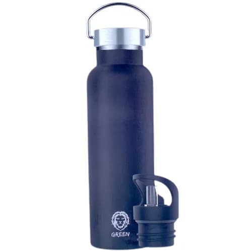 Flask From Green, Made Of Stainless Steel, Keeps Cold And Hot Water 12 Hours And More, 2 Caps Included, 600Ml, Black Color - 5449