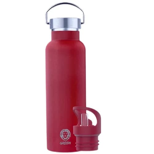 Flask From Green, Made Of Stainless Steel, Keeps Cold And Hot Water 12 Hours And More, 2 Caps Included, 600Ml, Red Color - 5451