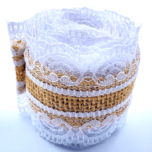 Burlap Ribbon Roll With Lace For Activities And Gift Wrapping White Color - 5976