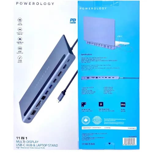 Powerology Usb-C Hub 11 In 1 Multi-Port Adapter With Laptop Stand 100W Pd Fast Charge, Aluminum Body With Hdmi 4K Ultra Hd, Vga Ethernet 1000Mbps, 3.5Mm Aux Port Compatible For Macbook Pro,Air - 6054