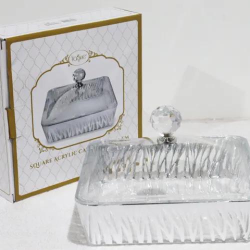 Square Acrylic Candy Box With Cover 22.2*22.2 Cm Transparent & Silver 02-955