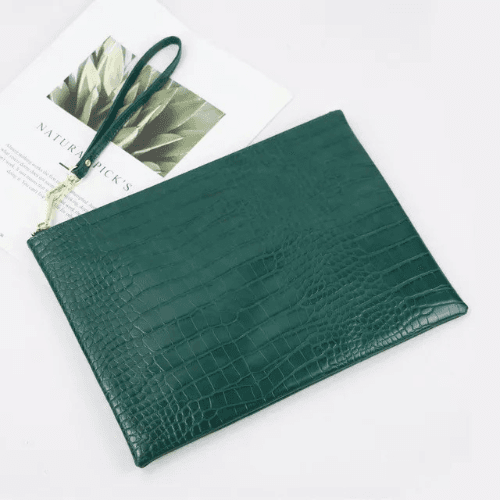 Vegan Animal Print Leather Clutch Handbag - Dark Green