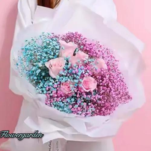 Pink And Blue Gypso With Pink Rose Bouquet