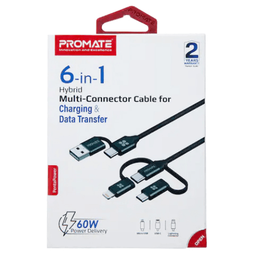 Promate-6 In 1 Hybrid Multi-connector Cable For Charging & Data Transfer