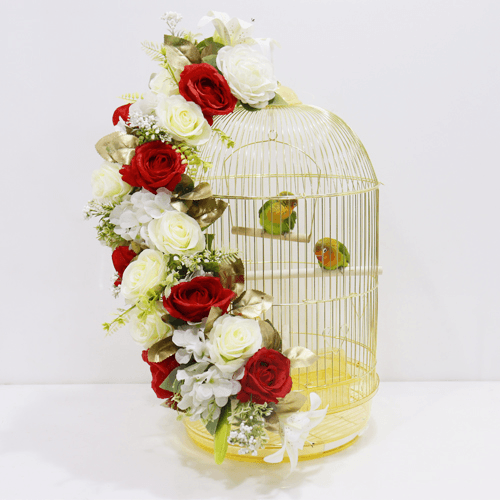 A Golden Cage Decorated With Colorful Flowers With Decorative Birds No.3283