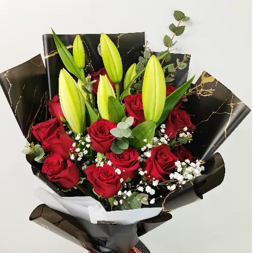 Red Rose  White Lily Bouquet