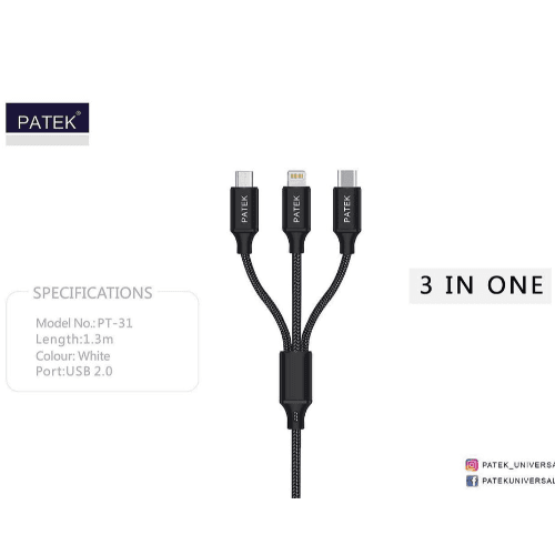 Patek 3 In 1 IOS Type-C, Micro USB Cable For Charging And Data Transfer