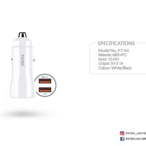 Patek Mini Size Quick 3.0 Car Charger With Complimentary IOS Charging Cable