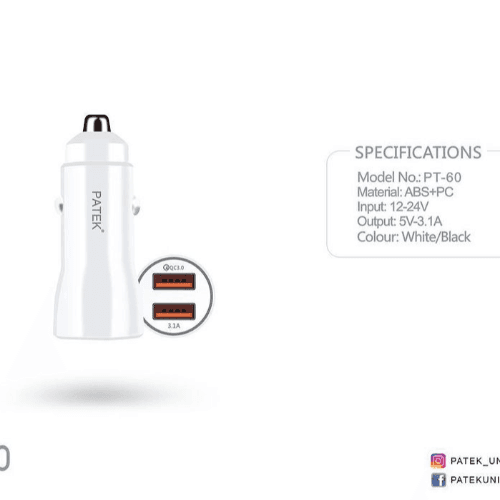 Patek Mini Size Quick 3.0 Car Charger With Complimentary Micro Charging Cable