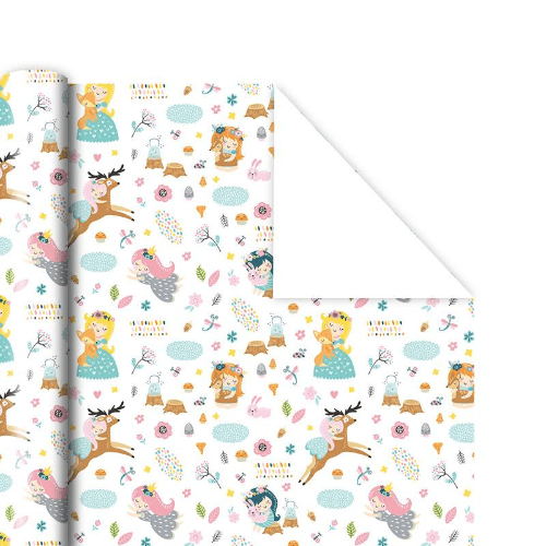 White Gift Wrapping With Deer And Fairy Design