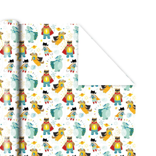 White Gift Wrapping With Animals Superhero Design