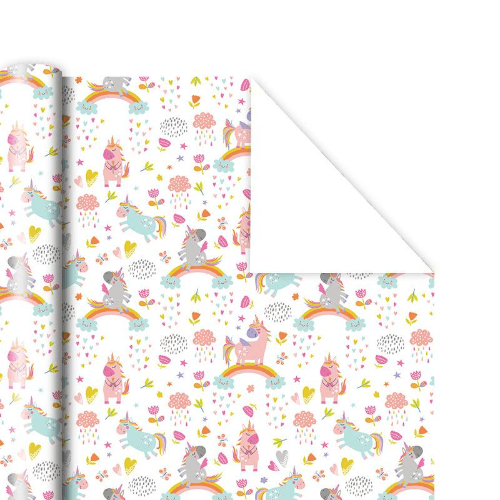 White Gift Wrapping With Unicorn And Rainbow Design