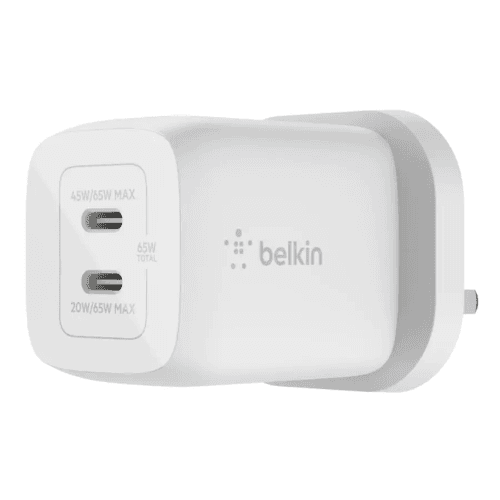 Belkin 65w Dual USB-C Gan Wall Charger With Pps White