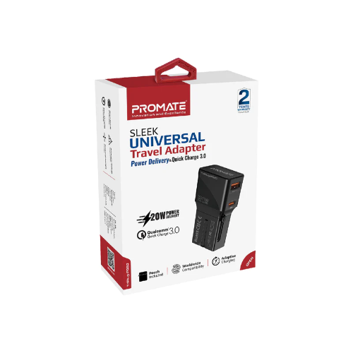 Promate Sleek Universal Power Plug With 18w Power Delivery & Quick Charge Qc3.0 -Black