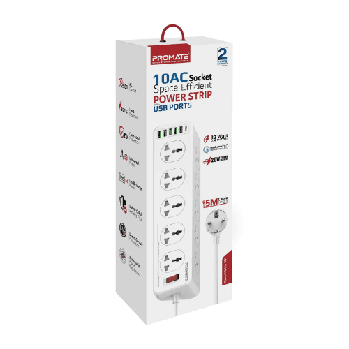 Promate 10Ac Socket Space Efficient Power Strip 20W USB-C Power Delivery Quick Charge 3.0 Port 3 USB Ports 5M