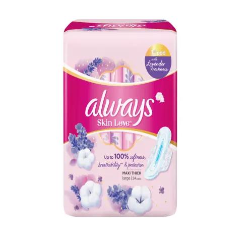 Always Skin Love Large Maxi Thick Pads Lavender Freshness Scent With Wings 24 Per Pack