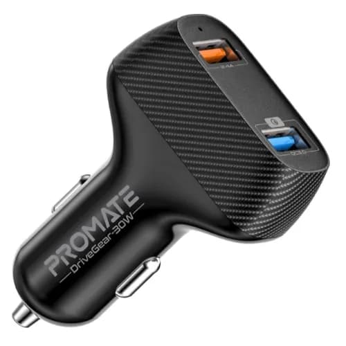 Promate 30w Car Charger , dual USB Ports , qualcomm Quick Charge 3.0 , 2.4a Intelicharge Tech , Safe Voltage Regulation