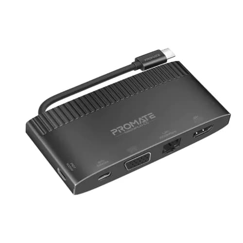 Promate 6-in-1 Super Speed USB-C Media Hub With 100w Power Delivery 4k HDMI 1080p VGA Dual Display Support