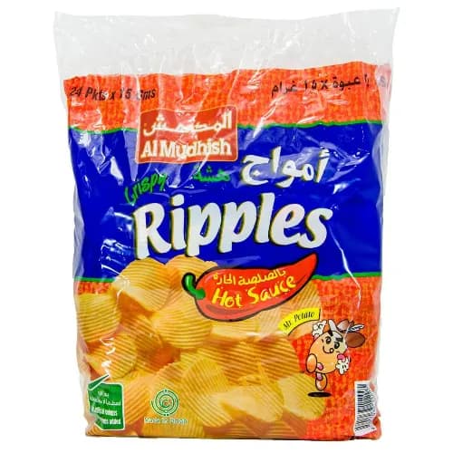 Al Mudhish Crispy Ripples Hot Sauce Potato Chips - Artificial Colors Free, No Added Preservatives 24 X 15 Gr