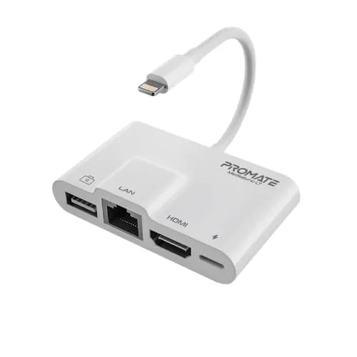 Promate 4-in-1 Multimedia Hub With Lightning Connector I Rj45 Ethernet Port USB Media Sharing Port