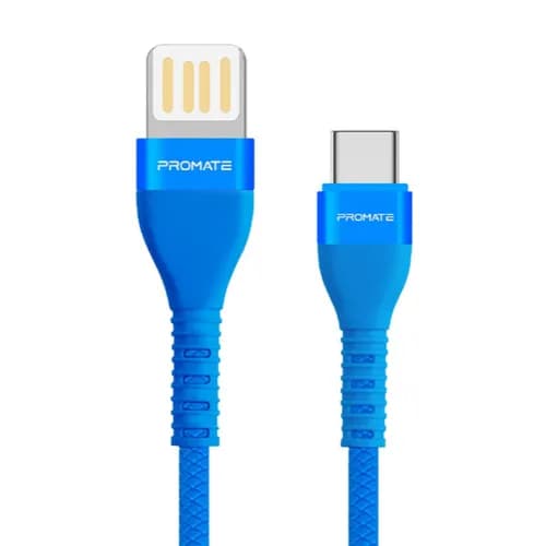 Promate Zinc Alloy Reversible USB-A To USB-C Cable , Anti-break TPE , 1.2m Blue