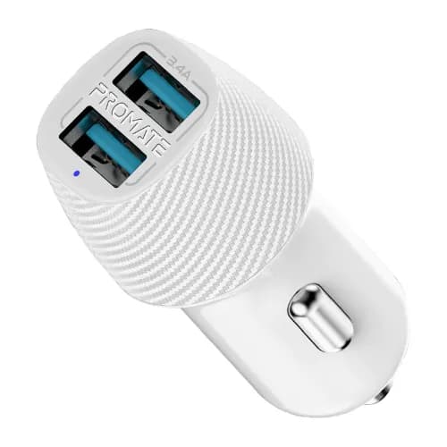 Promate 3.4a Sleek Carbon Fiber Design Car Charger With 2 USB  Ports , White