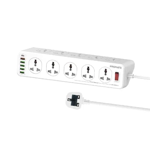 Promate 10Ac Socket Space Efficient Power Strip 20W USB-C Power Delivery Quick Charge 3.0 Port 3 USB Ports 5M