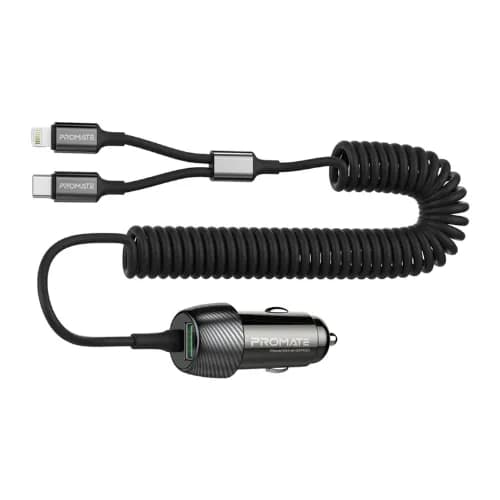 Promate 33w Car Charger With Quick Charge 3.0 , 30w USB-C And 20w Lightning Coiled Cable