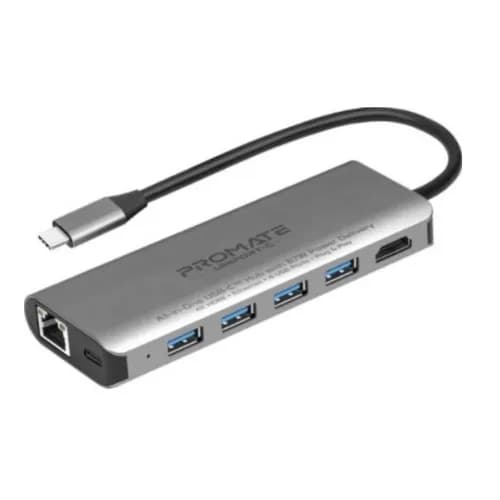 Promate All In One USB-C Hub With 87w Power Delivery , 4k HDMI , Rj45 Ethernet Port , 3 USB Ports