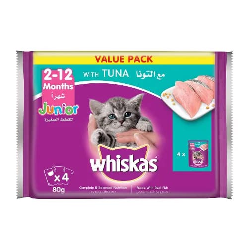 Whiskas Cat Food Complete & Balanced Nutrition Junior With Tuna For 2-12 Months Years 4 x 80g