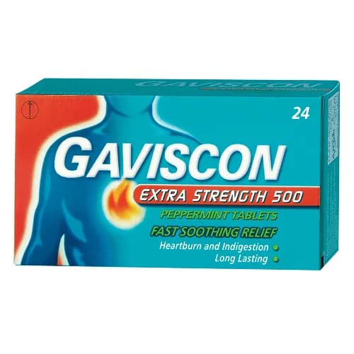 Gaviscon Heartburn & Indigestion Relief Tablets Peppermint Extra Strength 500 Mg 24Pcs