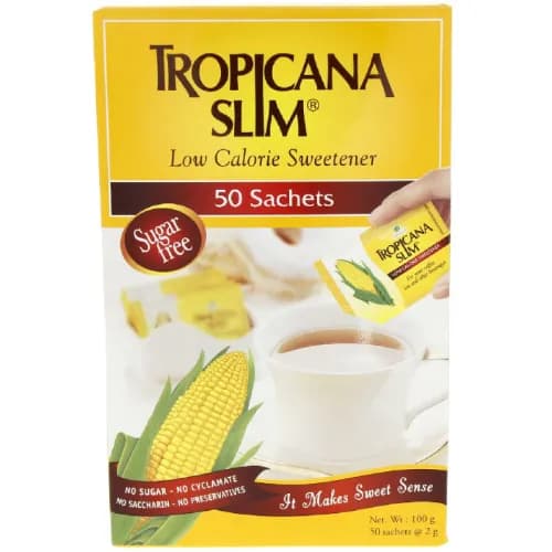 Tropicana Slim Low Calorie Sweetener (50 Sachets) - sugar free, cyclamate free, saccharin free, preservatives free 100 gr