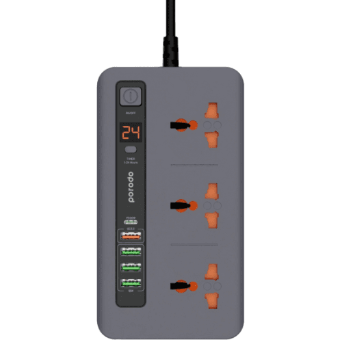 Porodo Multi-Port Power HUB 4 with 3 Power Ports / 4 USB & 1 USB-C PD / Grey