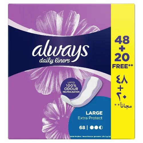 Always Extra Protect Daily Liners Large 48 Pieces + 20 Pieces Free