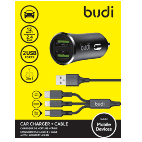Budi Car Charger With Cable-3in 1-2 Usb Port
