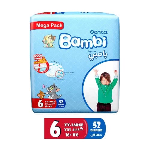 Sanita Bambi Baby Diaper Mega Pack Size 6 Extra Large 16+ kg 52 Pieces