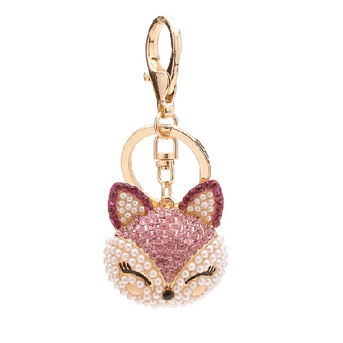 Crystals And Pearls Fox Face Keychain (Pink)