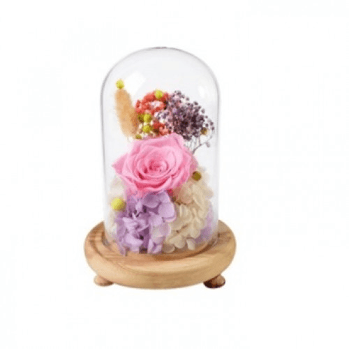 Pink Rose With Handmade Flowers In Glass Dome