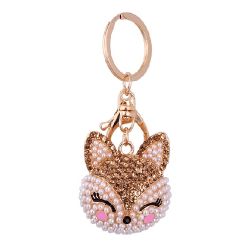 Crystals And Pearls Fox Face Keychain (Gold)