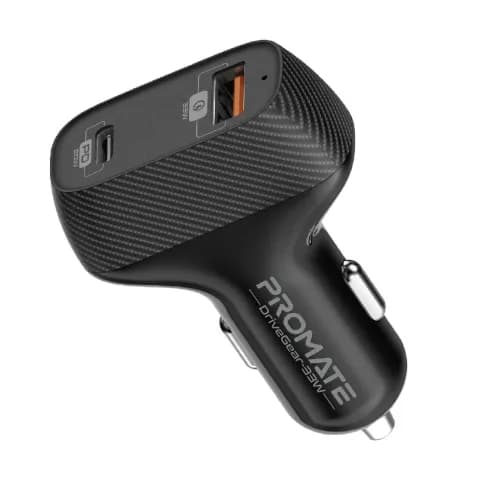 Promate 33w Car Charger With 20w USB-C Port & Super-charge 30w USB-A Port.