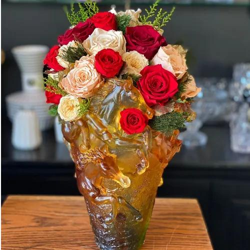 Horse Crystal Vase Mixed Amber - Large With Arrangement