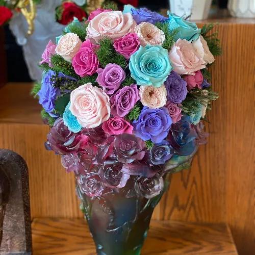 Rose Crystal Vase Mixed Red - Large With Arrangement