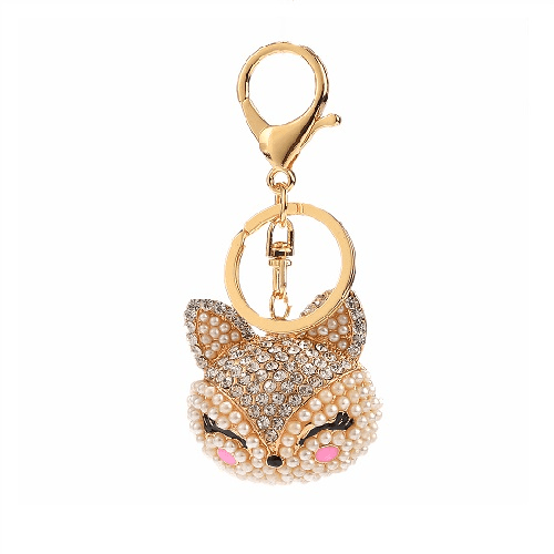 Crystals And Pearls Fox Face Keychain (White)