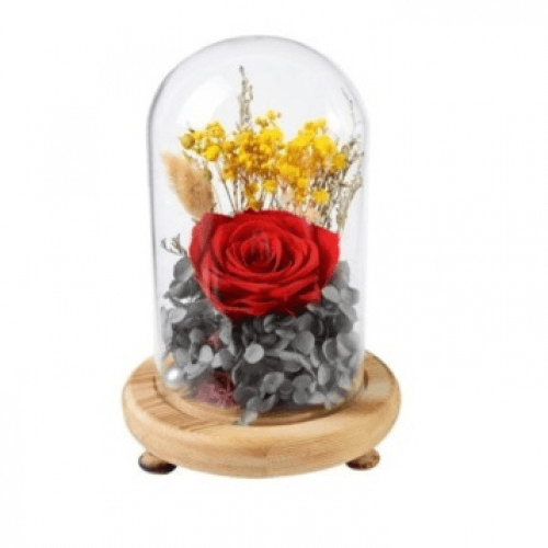 Red Rose With Handmade Flowers In Glass Dome